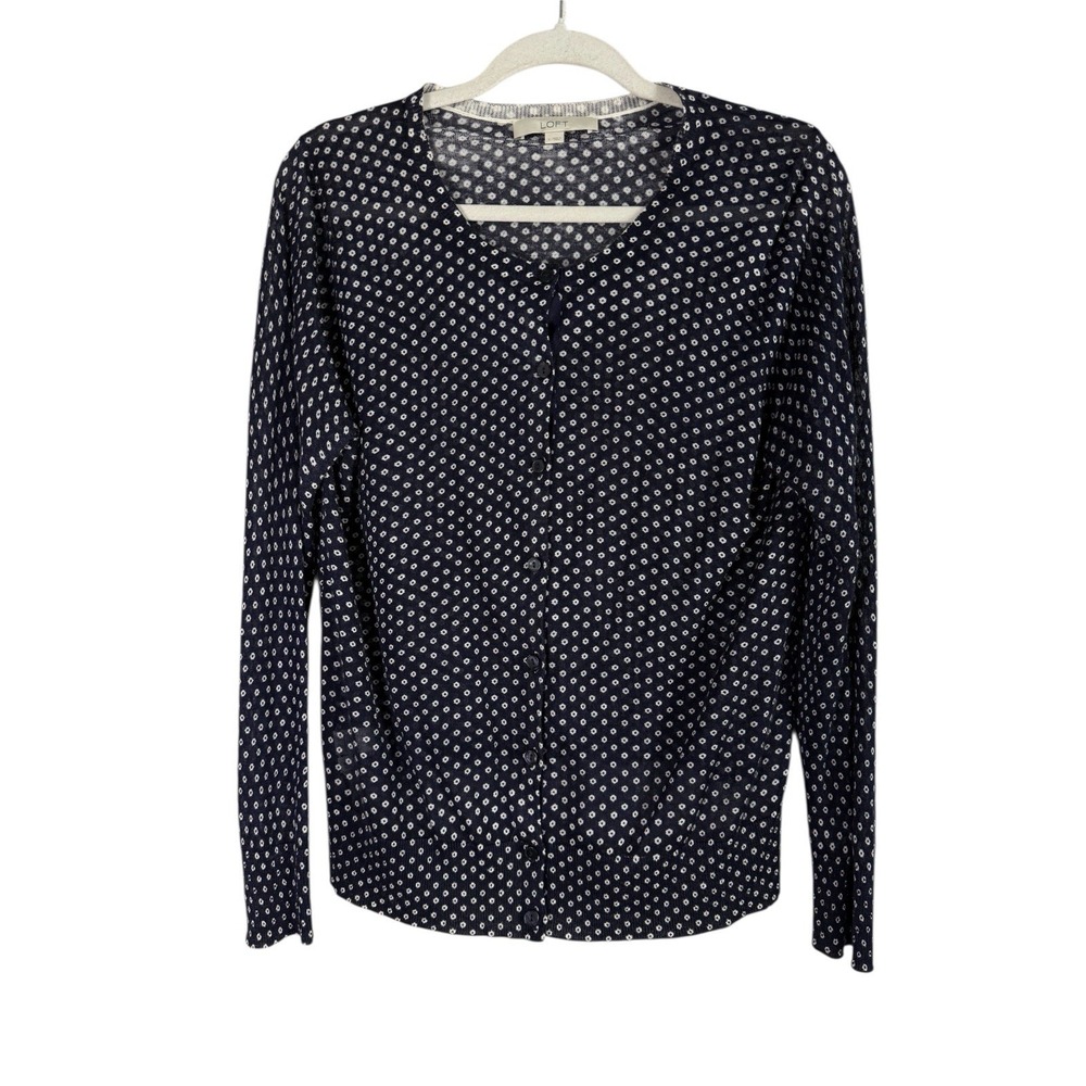 Loft‎ Navy Polka Dots Button Up Cardigan Sweater Women's Size Large Lightweight